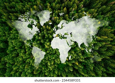 Sustainable habitat world concept. Distant aerial view of a dense rainforest vegetation with lakes in a shape of world continents, clouds. 3d rendering. - Powered by Shutterstock