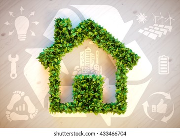 Sustainable living - 3d illustration with ecology icons on brown wooden background. - Powered by Shutterstock