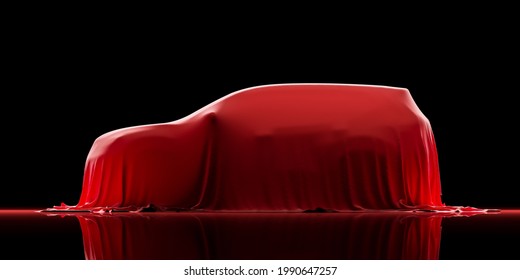 The SUV Car Is Covered With Red Cloth On A Black Background. Side View. 3d Rendering