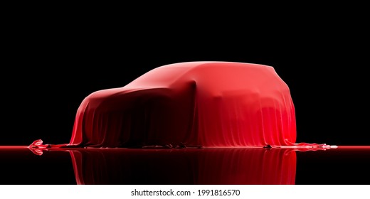 The SUV Car Is Covered With Red Cloth On A Black Background. 3d Rendering