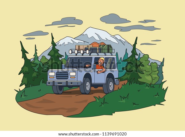 SUV car with luggage on the roof and smiling guy\
behind the wheel moving through the forest near the mountain.\
Off-road vehicle on the natural landscape. Flat illustration.\
Horizontal. Raster\
version.