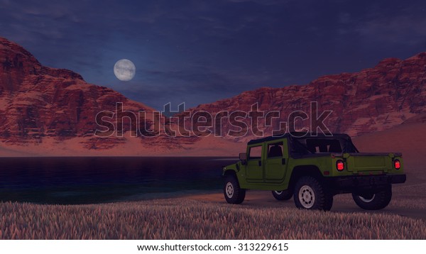 SUV on foreground, desert lake, red rocks\
and full moon in the distance at night time. Realistic 3D\
illustration was done from my own 3D rendering\
file.