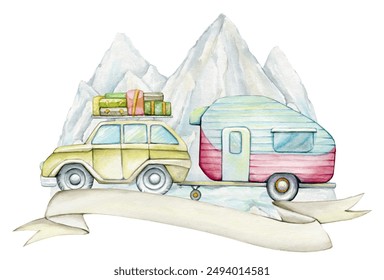 SUV pulling a camper. against the background of mountains . watercolor illustration, for travel blogs, camping gear promotions, greeting cards  - Powered by Shutterstock