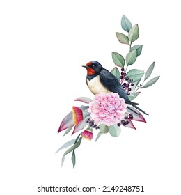 Swallow Bird Tender Floral Decor Watercolor Stock Illustration ...