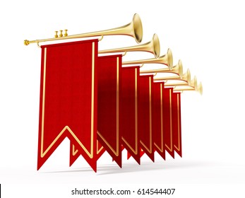 Swallow flags and trumpets isolated on white background. 3D illustration.