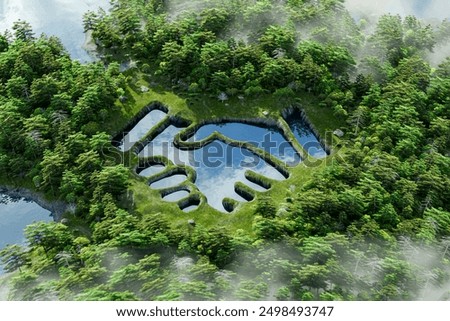 Swamp in hand shaking shape surrounded by woods and trees, top view angle of deep forest, climate change and sustainable ESG Environmental, social, and governance. 3d rendering