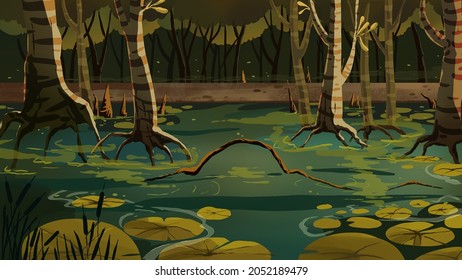 Swamp Tropical Forest Sunset Sunrise Forest Stock Illustration ...