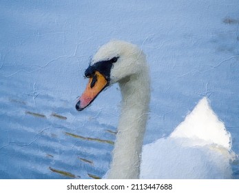 Swan Head Against A Blue Lake Digital Ink Pen And Oil Painting For Canvas Prints