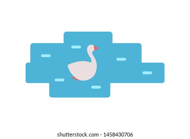 Swan Swimming In Pond Isolated Cartoon Icon Raster Animal. Schematic Single White Bird Silhouette With Red Paws And Beak Floating In Water With Waves