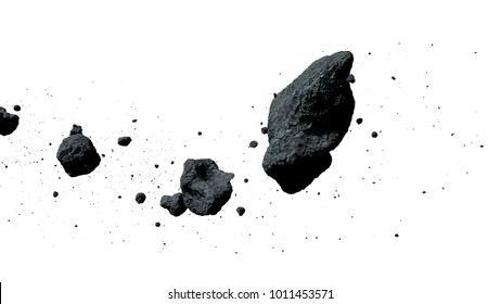 рой астероидов, изолированных на белом фоне (3d иллюстрация)