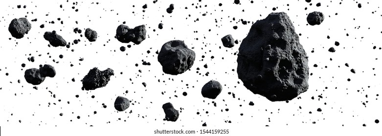 Schwarm von Asteroiden einzeln auf weißem Hintergrund (3D-Raumgrafik-Banner)