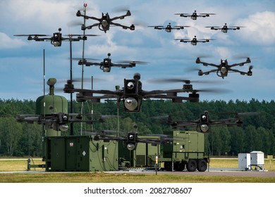 Swarm Of Combat Drones  And Command Systems-3d Illustration.