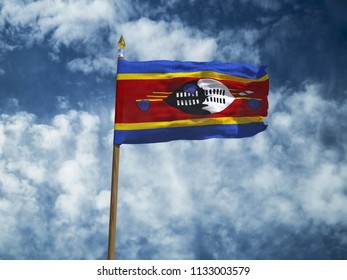 Swaziland flag Silk waving flag of Swaziland made transparent fabric with wooden flagpole gold spear on background sunny blue sky white smoke clouds real retro photo Countries of world 3d illustration - Powered by Shutterstock