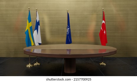 Sweden And Finland To Join NATO. Flag Finland, Flag Sweden, Flag Turkey And Flag NATO. NATO Summit. 3D Work And 3D Illustration.  Yerevan, Armenia - 2022 May 18: