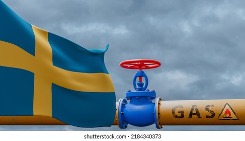 Sweden Gas, Valve On The Main Gas Pipeline Sweden, Pipeline With Flag Sweden, Pipes Of Gas From Sweden, 3D Work And 3D Image