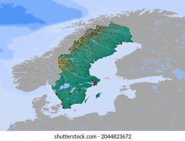 Sweden Map, Map Of Sweden With Capital And Major Cities - 3D Rendering. 3d Map Colored Considering Vegetation And Land Use.