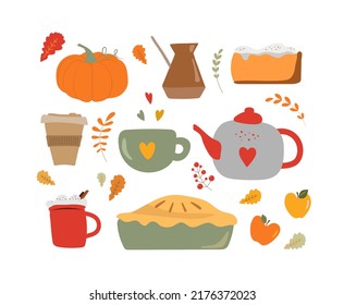 Sweet Autumn Cozy Paintings With Cup, Pumpkin, Cupcake And Kettle. Fall Season Tea Time Cartoon Paintings With Text