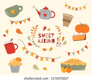 Sweet Autumn Cozy Paintings With Cup, Pumpkin, Cupcake And Kettle. Fall Season Tea Time Cartoon Paintings With Text