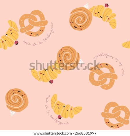 Sweet bakery pattern with pretzel and cinnamon roll designs on pastel pink background