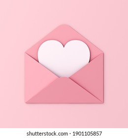 Sweet Blank Heart Card In Pink Envelope Isolated On Pink Pastel Color Wall Background With Shadow Love Letter Minimal Conceptual 3D Rendering