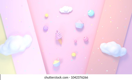 Sweet candy, cupcake and ice cream. 3d rendering picture.