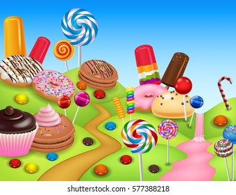 Sweet candyland with cupcake, ice cream, donut, lollipop, pancake and candy cane