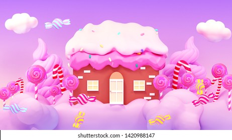 Sweet Cartoon Candy House. 3d Rendering Picture.