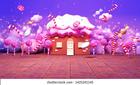 Sweet cartoon candy land with magic fairy dust effect. 3d rendering picture.