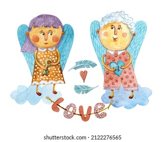 A sweet cartoon couple cupids in love  They pick up the key to each other 's heart  