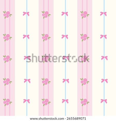 A sweet and charming seamless pattern featuring vertical stripes in pink and white, adorned with delicate pink roses and cute bows.
