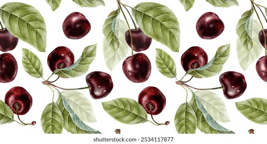 Sweet Cherry fruit with drops and leaves. Red ripe juicy cherry berry. Isolated watercolor seamless pattern. Background for, packaging of goods, cosmetic, textile - Powered by Shutterstock