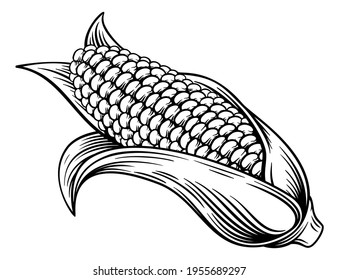 A sweet corn ear maize woodcut print vintage etching style illustration