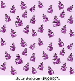 Sweet cute seamless isolated pattern with purple and lilac three-tier cake with roses on pink background