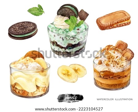 Sweet desserts watercolor isolated on white background. Cookies, banana slice, mousse dessert whipped cream, banana cream dessert, sandwich chocolate cookie, mint chocolate cream cheese 