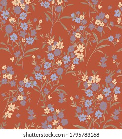 Sweet Ditsy Florals And Leaves Small Flowers Seamless Pattern Trendy Elegant Colors Perfect For Fashion And Wrapping Paper Print Amber Brown Background