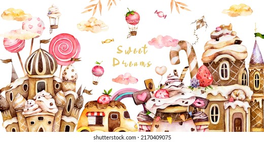 Sweet Dream Watercolor Illustration. Confectionery. A Fun Holiday. Castle Cake, Caramel, Candy, Balloons, Cake, Strawberry, Ice Cream Machine, Clouds, Chocolate. Happy Birthday Clipart On A White