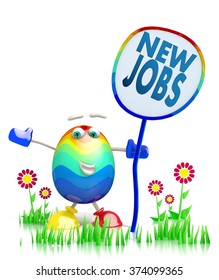 sweet Easter egg character holding a new jobs symbol on a sweet sign post isolated on white background 3d rendered