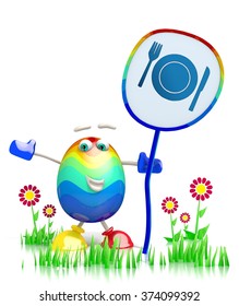 sweet Easter egg character holding a restaurant symbol on a sweet sign post isolated on white background 3d rendered