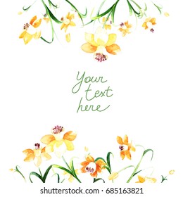 Sweet floral frame with yellow daffodils and place for text made in watercolor technique. Lovely romantic background with spring flowers.