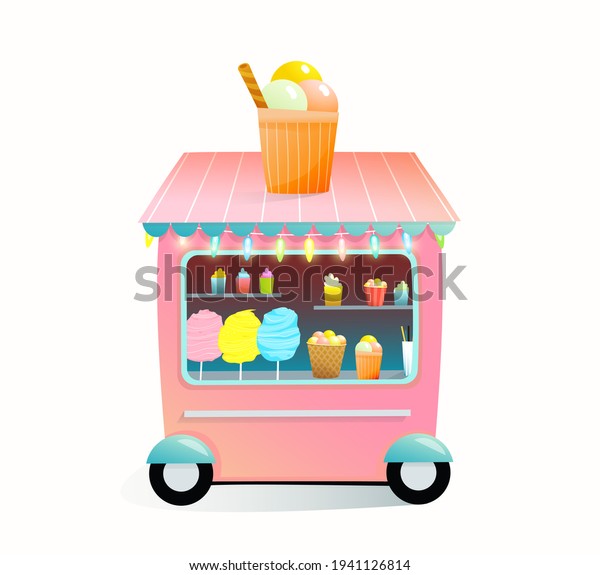 Sweet food\
shop full of candy cotton, ice cream, sweets and desserts. Cute\
street cart or truck on wheels, vending street food for children.\
Watercolor style cartoon for\
kids.
