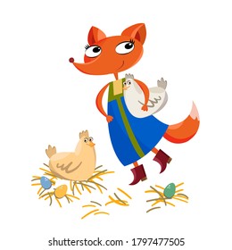 Sweet Fox In A Chicken Coop On A White Background For Children. Fox Character From The Fairy Tale