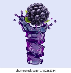 Sweet Fresh Blackberry Juice Or Smoothie Splash Swirl In Glass Form With Closeup Shot Of Ripe Blackberry. Forest Fruit Juice 3D Splash, Fruit Berries Advertising Design Element On Colorful Background