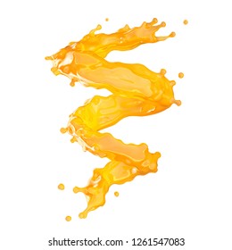 Sweet fresh orange fruit juice splash swirl. Fruits juice splashing - tangerine, lemon, pineapple, peach, mango juice in spiral form isolated on white. Healthy drink concept. Clipping path. 3D render