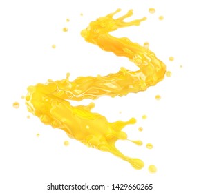 Sweet Fresh Orange Fruit Juice Smoothie 3D Splash. Fruits Juice Splashing - Orange, Tangerine, Lemon, Citrus, Pineapple, Peach, Mango, Banana Juice In Spiral Form Isolated. Healthy Juice Drink Concept