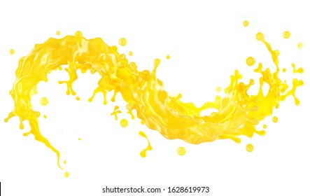 Sweet Fresh Yellow Fruit Juice Smoothie 3D Splash. Fruits Juice Splashing: Orange, Mango, Lemon, Citrus, Pineapple, Peach, Banana, Tangerine Juice In Wave Form Isolated. Healthy Juice Drink Ad Design