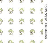Sweet geometric seamless pattern featuring cute kawaii green mushroom cartoon characters holding a green leaf in a straight grid layout. Repetitive vector background with smiling green polka dot fungus mascots on white for nursery textiles, gift wrapping paper, kids apparel, and stationery