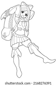 Sweet Girl Traveler Painted In The Style Of Japanese Comics Manga. She Has Short Hair With A Bow, A Huge Backpack, She Is In A Skirt. Stockings And High Boots Are On Your Feet. Lineart 