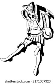 Sweet Girl Traveler Painted In The Style Of Japanese Comics Manga. She Has Short Hair With A Bow, A Huge Backpack, She Is In A Skirt. Stockings And High Boots Are On Your Feet. Lineart With Shadows