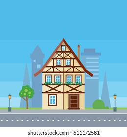 Sweet House Banner Poster Template. Exterior Home Icon With City Sillhouette. Residential Cottage. Modern Buildings In Flat Design Style. Real Estate Concept. Fashionable Country Building. 