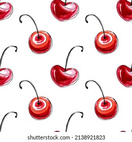 Sweet Juicy Red Berries Seamless Pattern, Cherry Background